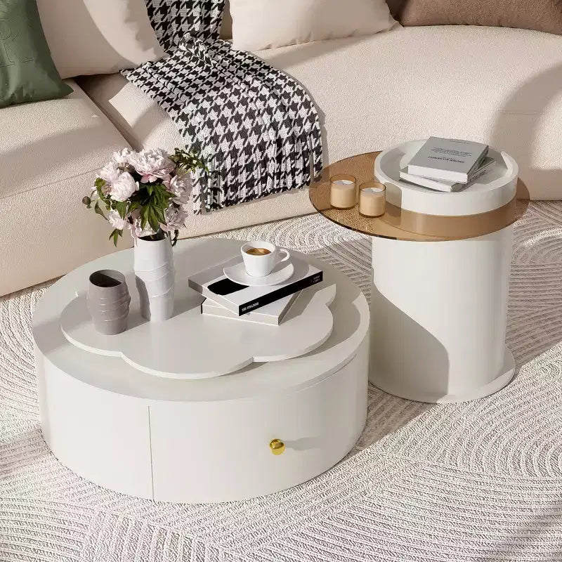 360 Rotatable Coffee Table Round Nesting Coffee Table with Flower Top & 2 Drawers, Accent Table Cocktail Table End Table Side Table-ModernLuxe