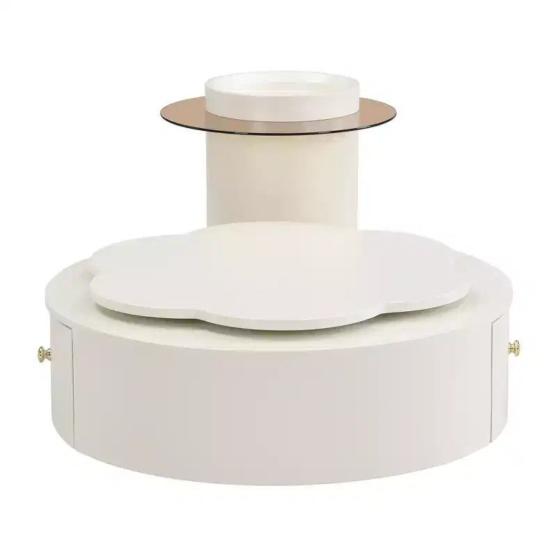 360 Rotatable Coffee Table Round Nesting Coffee Table with Flower Top & 2 Drawers, Accent Table Cocktail Table End Table Side Table