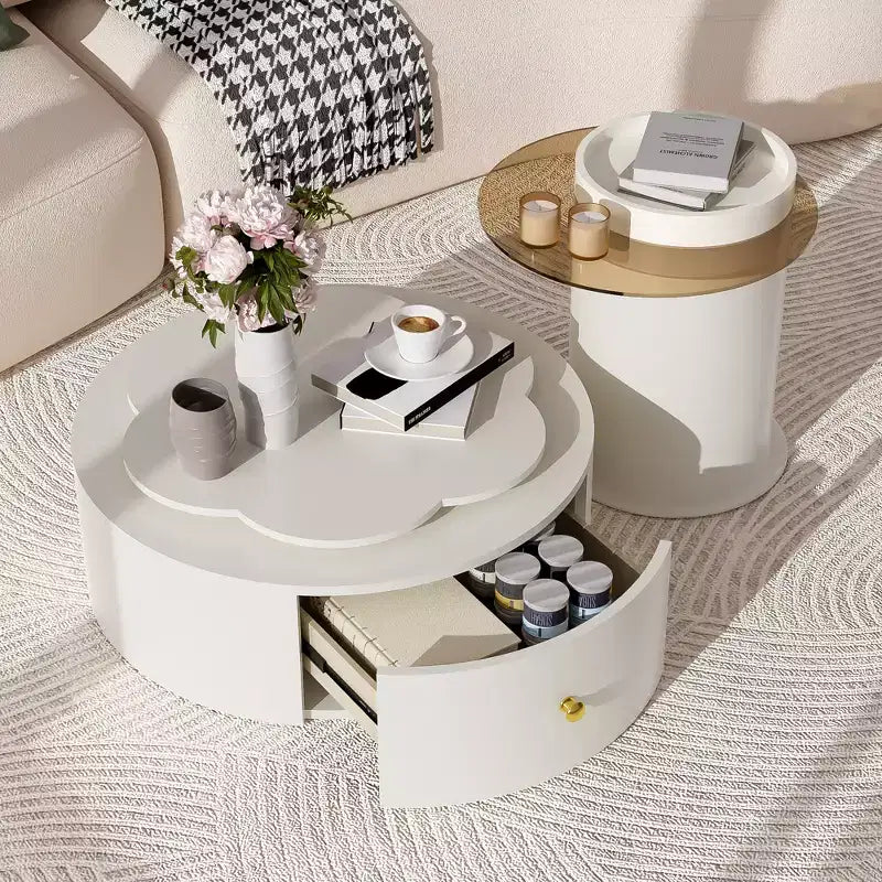 360 Rotatable Coffee Table Round Nesting Coffee Table with Flower Top & 2 Drawers, Accent Table Cocktail Table End Table Side Table