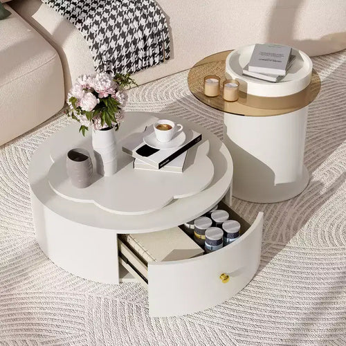 360 Rotatable Coffee Table Round Nesting Coffee Table with Flower Top & 2 Drawers, Accent Table Cocktail Table End Table Side Table