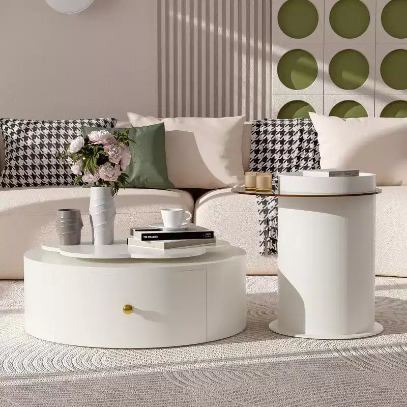 360 Rotatable Coffee Table Round Nesting Coffee Table with Flower Top & 2 Drawers, Accent Table Cocktail Table End Table Side Table