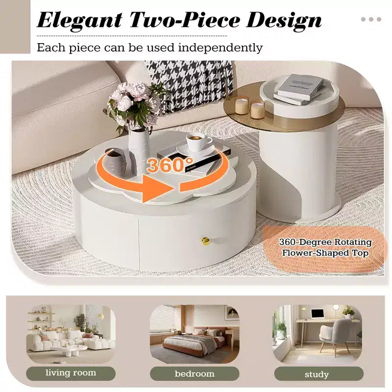 360 Rotatable Coffee Table Round Nesting Coffee Table with Flower Top & 2 Drawers, Accent Table Cocktail Table End Table Side Table