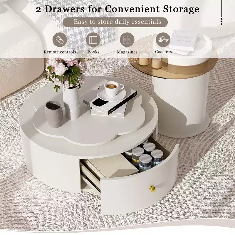 360 Rotatable Coffee Table Round Nesting Coffee Table with Flower Top & 2 Drawers, Accent Table Cocktail Table End Table Side Table