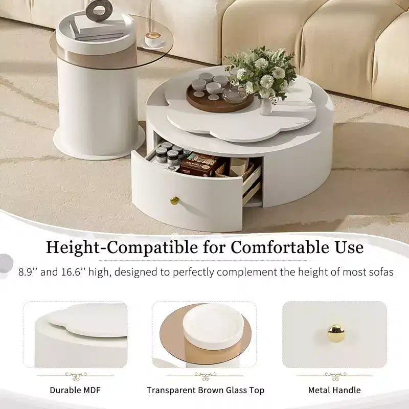 360 Rotatable Coffee Table Round Nesting Coffee Table with Flower Top & 2 Drawers, Accent Table Cocktail Table End Table Side Table