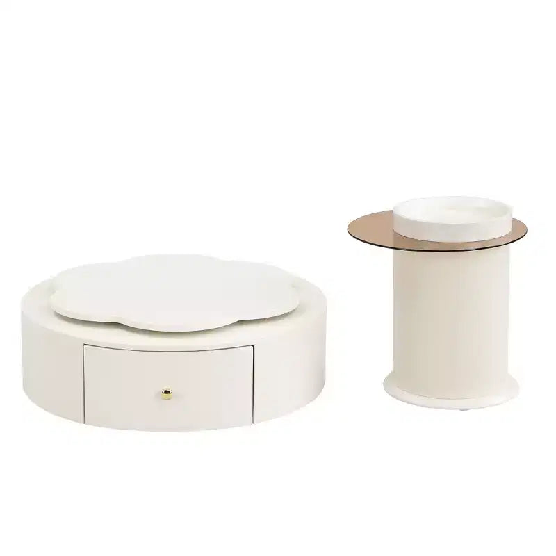 360 Rotatable Coffee Table Round Nesting Coffee Table with Flower Top & 2 Drawers, Accent Table Cocktail Table End Table Side Table
