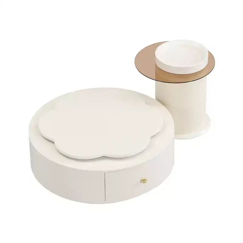 360 Rotatable Coffee Table Round Nesting Coffee Table with Flower Top & 2 Drawers, Accent Table Cocktail Table End Table Side Table