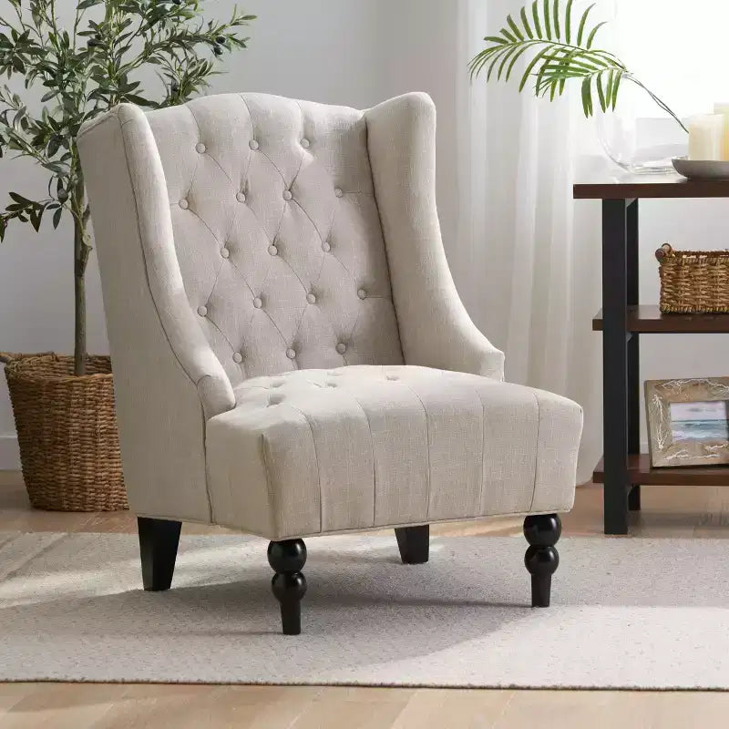 Elegant Accent Chair Button-Tufted Living Room Chair with Upholstered Cushion Club Chair with Wood Legs High Back for Reading Room Bedroom, Beige