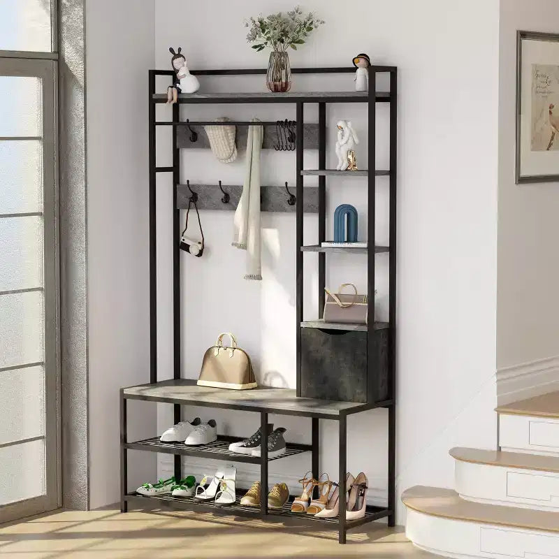 5-in-1 Hall Tree with Bench, Shoe Storage, Coat Rack, Fabric Drawer & 12 Hooks, Metal Frame Organizer for Entryway and Hallway