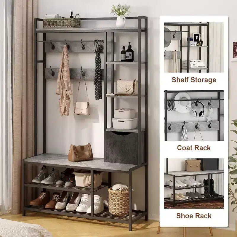 5-in-1 Hall Tree with Bench, Shoe Storage, Coat Rack, Fabric Drawer & 12 Hooks, Metal Frame Organizer for Entryway and Hallway