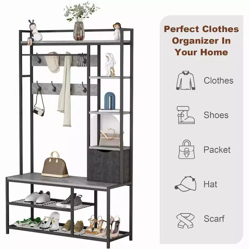 5-in-1 Hall Tree with Bench, Shoe Storage, Coat Rack, Fabric Drawer & 12 Hooks, Metal Frame Organizer for Entryway and Hallway