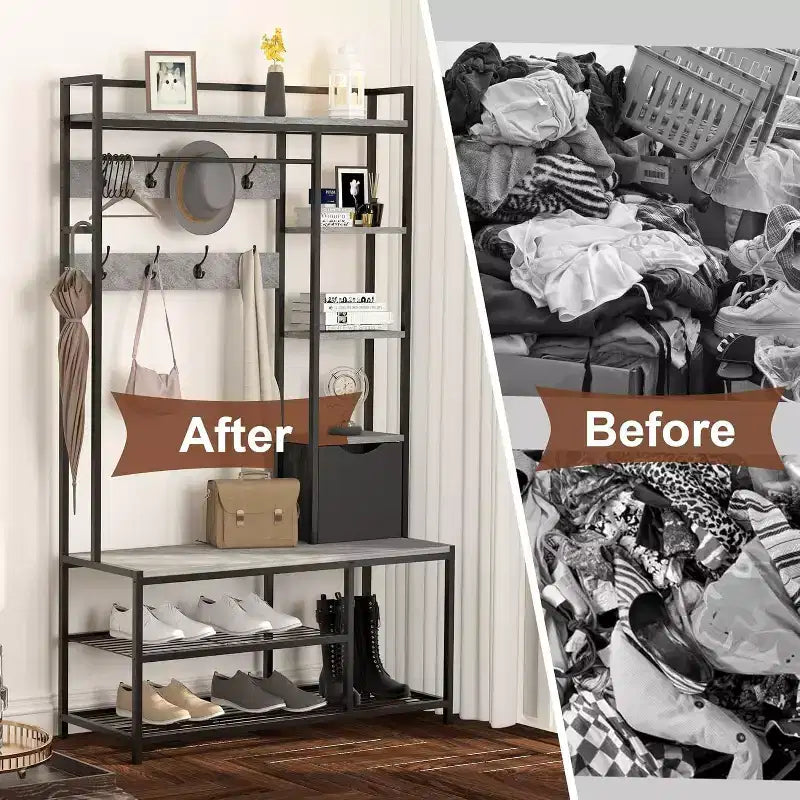 5-in-1 Hall Tree with Bench, Shoe Storage, Coat Rack, Fabric Drawer & 12 Hooks, Metal Frame Organizer for Entryway and Hallway