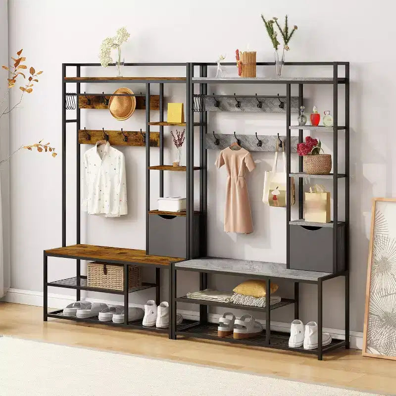5-in-1 Hall Tree with Bench, Shoe Storage, Coat Rack, Fabric Drawer & 12 Hooks, Metal Frame Organizer for Entryway and Hallway