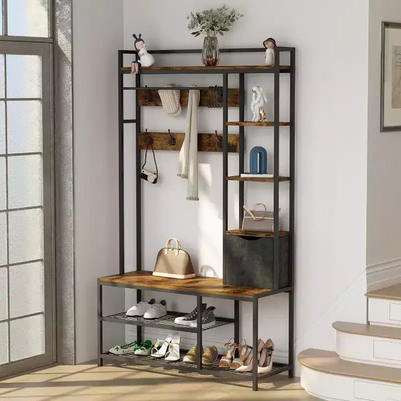 5-in-1 Hall Tree with Bench, Shoe Storage, Coat Rack, Fabric Drawer & 12 Hooks, Metal Frame Organizer for Entryway and Hallway