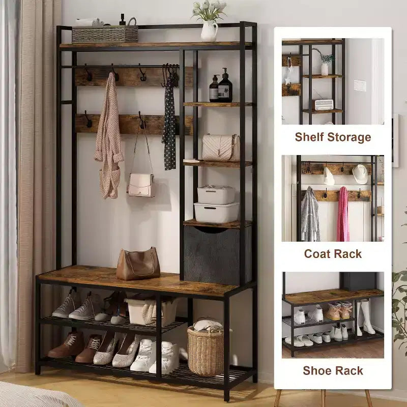 5-in-1 Hall Tree with Bench, Shoe Storage, Coat Rack, Fabric Drawer & 12 Hooks, Metal Frame Organizer for Entryway and Hallway