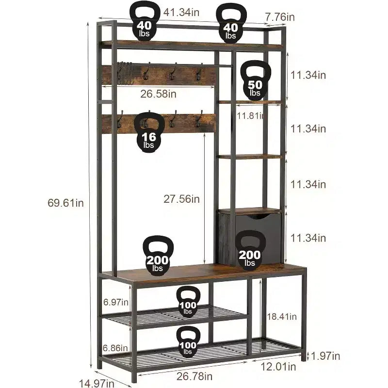 5-in-1 Hall Tree with Bench, Shoe Storage, Coat Rack, Fabric Drawer & 12 Hooks, Metal Frame Organizer for Entryway and Hallway