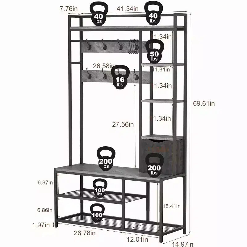 5-in-1 Hall Tree with Bench, Shoe Storage, Coat Rack, Fabric Drawer & 12 Hooks, Metal Frame Organizer for Entryway and Hallway