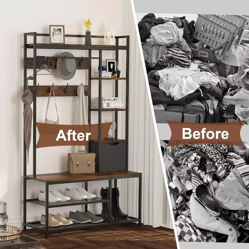 5-in-1 Hall Tree with Bench, Shoe Storage, Coat Rack, Fabric Drawer & 12 Hooks, Metal Frame Organizer for Entryway and Hallway