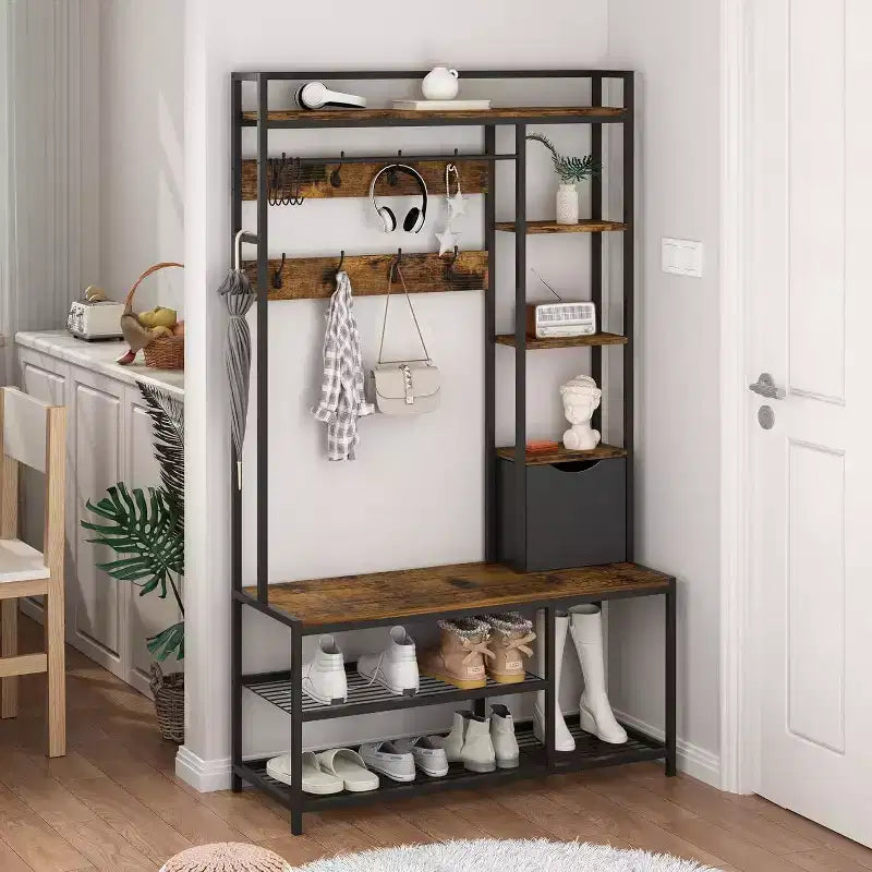 5-in-1 Hall Tree with Bench, Shoe Storage, Coat Rack, Fabric Drawer & 12 Hooks, Metal Frame Organizer for Entryway and Hallway