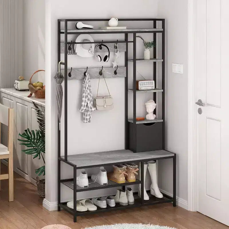 5-in-1 Hall Tree with Bench, Shoe Storage, Coat Rack, Fabric Drawer & 12 Hooks, Metal Frame Organizer for Entryway and Hallway