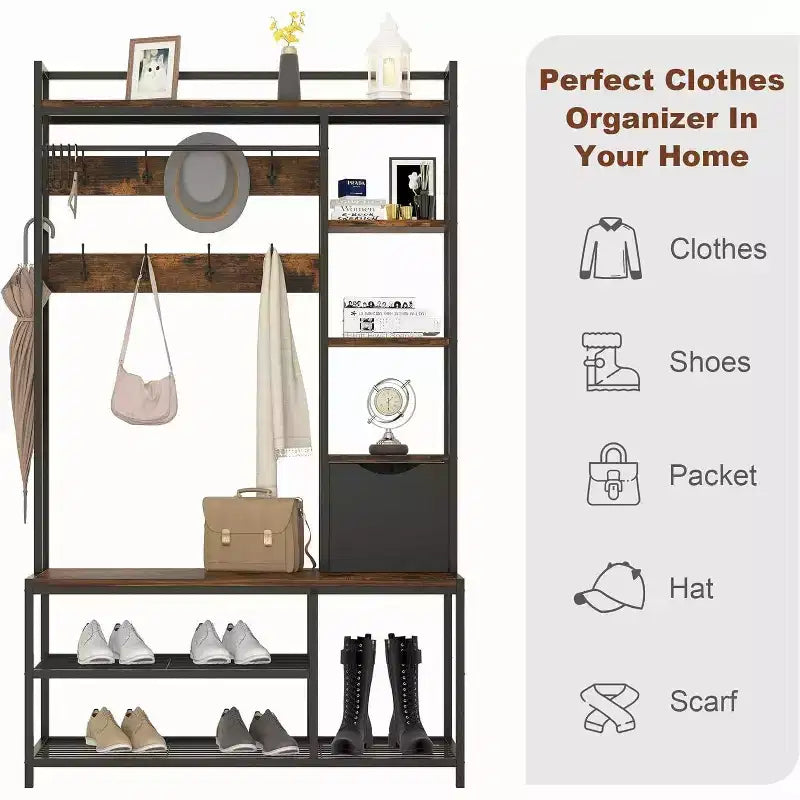 5-in-1 Hall Tree with Bench, Shoe Storage, Coat Rack, Fabric Drawer & 12 Hooks, Metal Frame Organizer for Entryway and Hallway