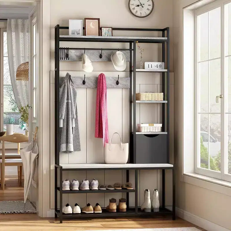 5-in-1 Hall Tree with Bench, Shoe Storage, Coat Rack, Fabric Drawer & 12 Hooks, Metal Frame Organizer for Entryway and Hallway