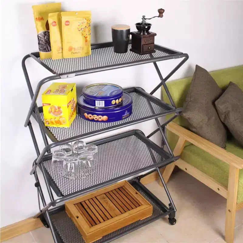 4-Tier Foldable Steel Shelf with Casters, Powder-Coated Finish, Removable Mesh Trays, 39H