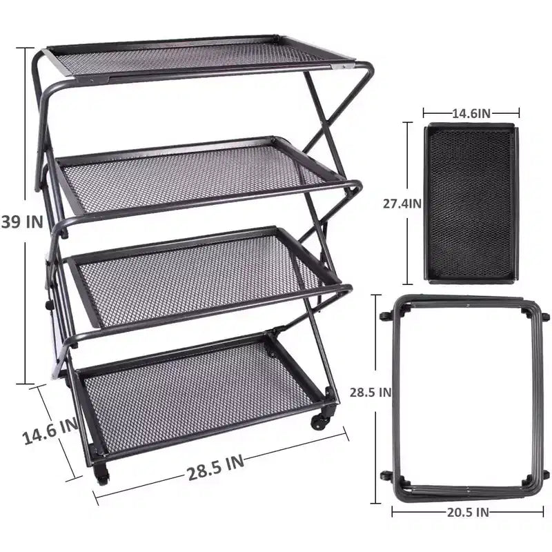 4-Tier Foldable Steel Shelf with Casters, Powder-Coated Finish, Removable Mesh Trays, 39H