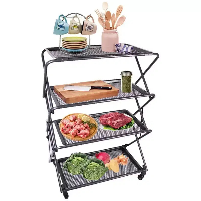 4-Tier Foldable Steel Shelf with Casters, Powder-Coated Finish, Removable Mesh Trays, 39H
