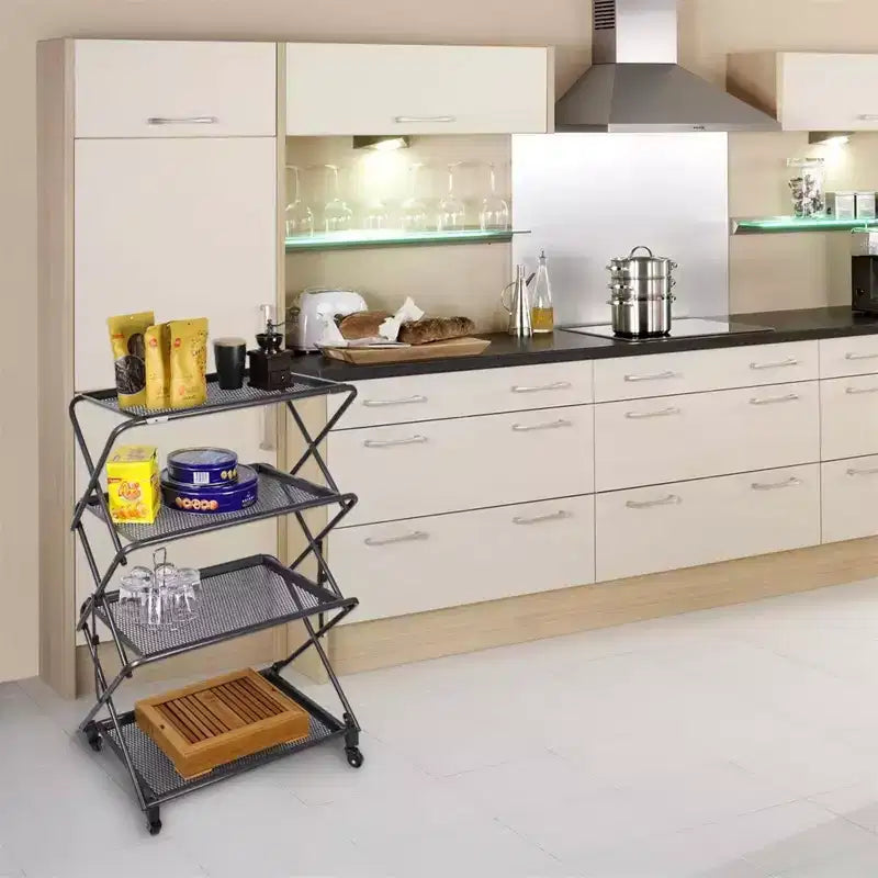 4-Tier Foldable Steel Shelf with Casters, Powder-Coated Finish, Removable Mesh Trays, 39H
