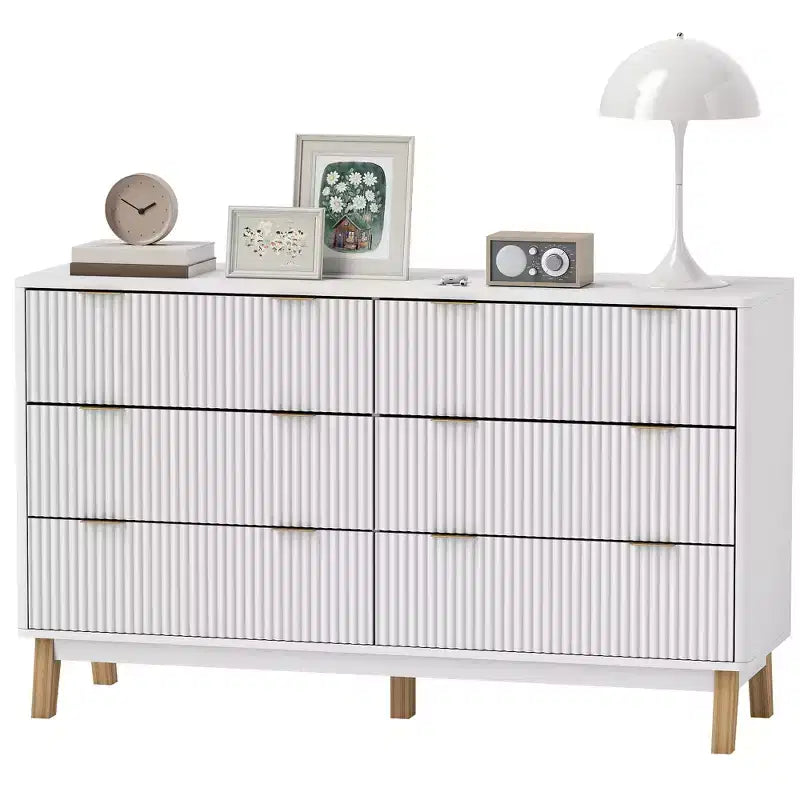 Fluted Dresser for Bedroom with 6 Drawers, 54 Wide Chest of Drawers with Gold Finger Pulls and 5 Wood Legs
