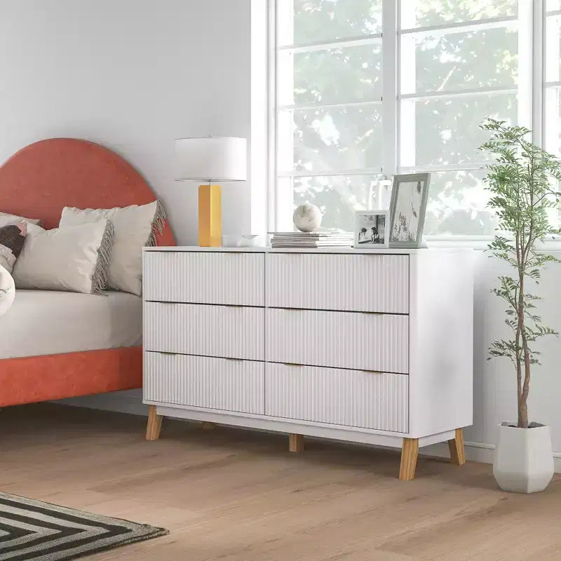 Fluted Dresser for Bedroom with 6 Drawers, 54 Wide Chest of Drawers with Gold Finger Pulls and 5 Wood Legs