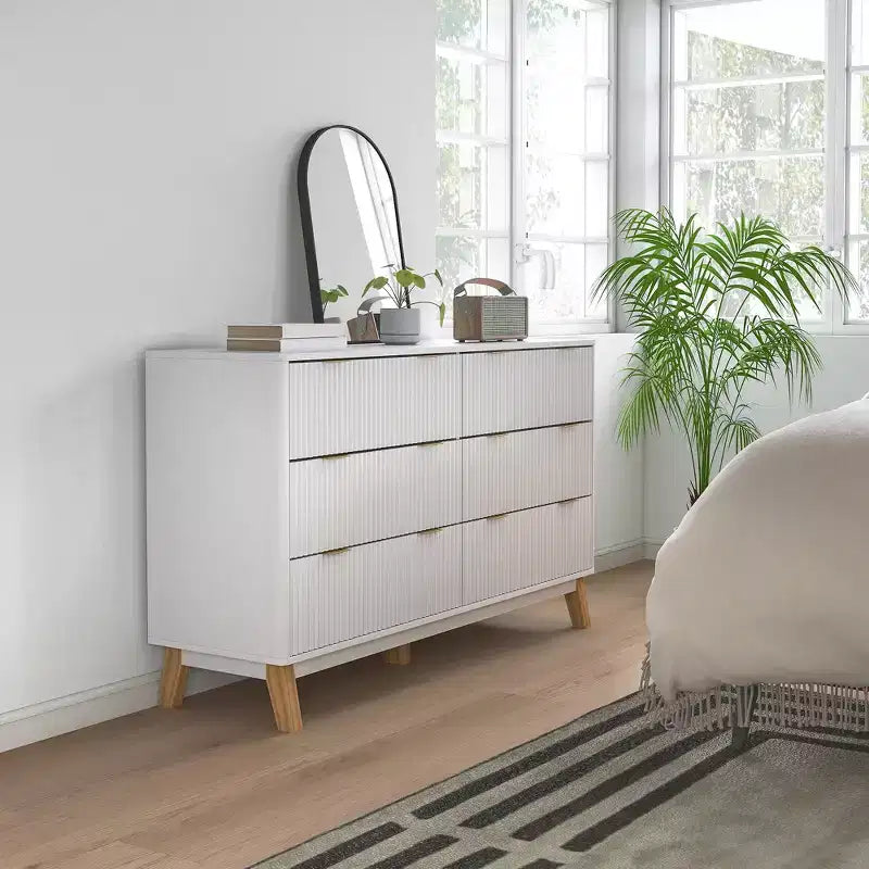 Fluted Dresser for Bedroom with 6 Drawers, 54 Wide Chest of Drawers with Gold Finger Pulls and 5 Wood Legs