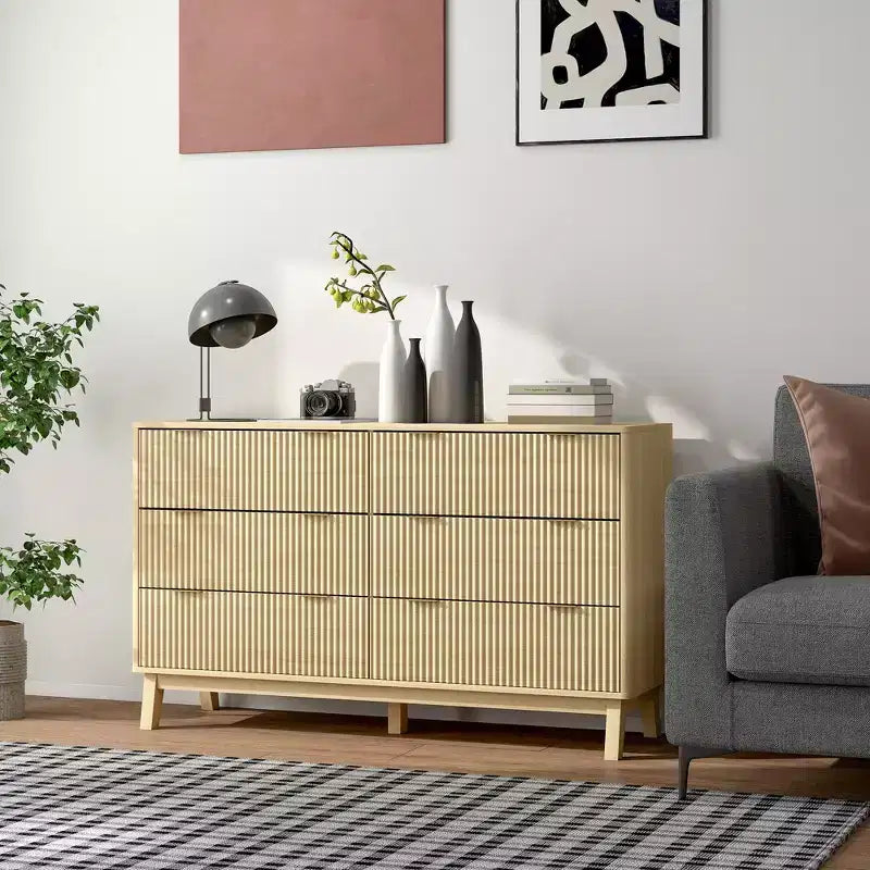 Fluted Dresser for Bedroom with 6 Drawers, 54 Wide Chest of Drawers with Gold Finger Pulls and 5 Wood Legs