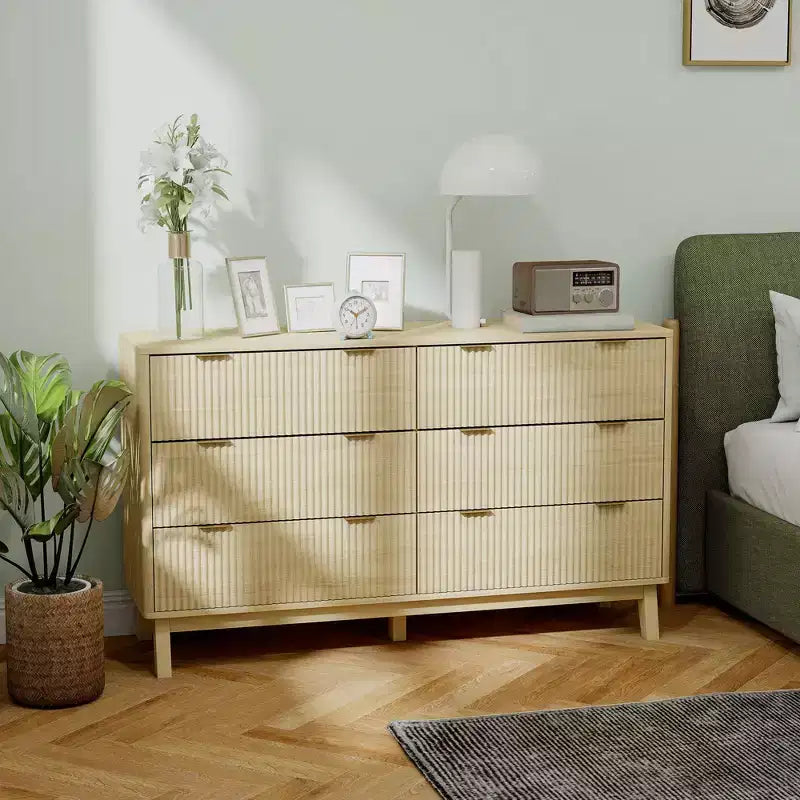 Fluted Dresser for Bedroom with 6 Drawers, 54 Wide Chest of Drawers with Gold Finger Pulls and 5 Wood Legs