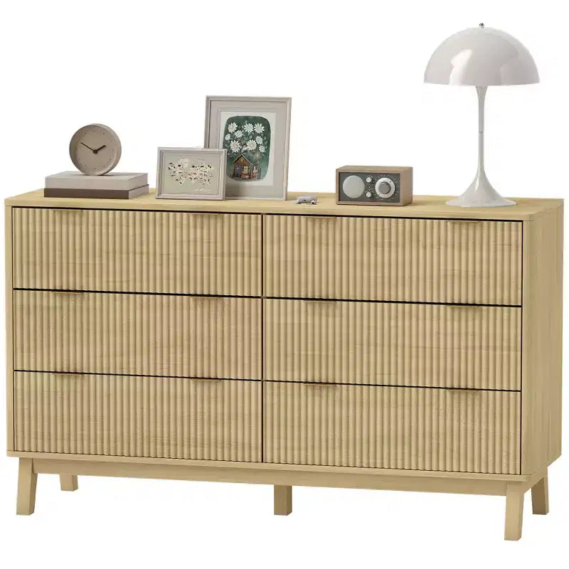 Fluted Dresser for Bedroom with 6 Drawers, 54 Wide Chest of Drawers with Gold Finger Pulls and 5 Wood Legs