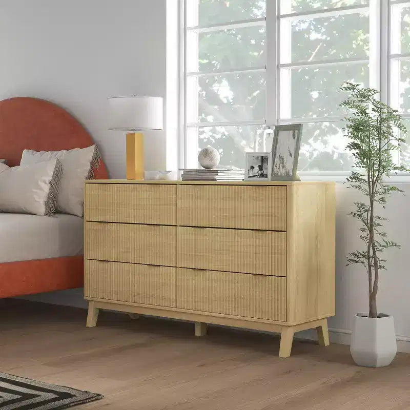 Fluted Dresser for Bedroom with 6 Drawers, 54 Wide Chest of Drawers with Gold Finger Pulls and 5 Wood Legs