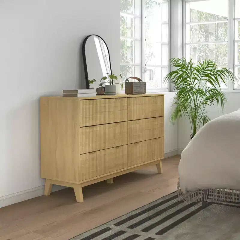 Fluted Dresser for Bedroom with 6 Drawers, 54 Wide Chest of Drawers with Gold Finger Pulls and 5 Wood Legs