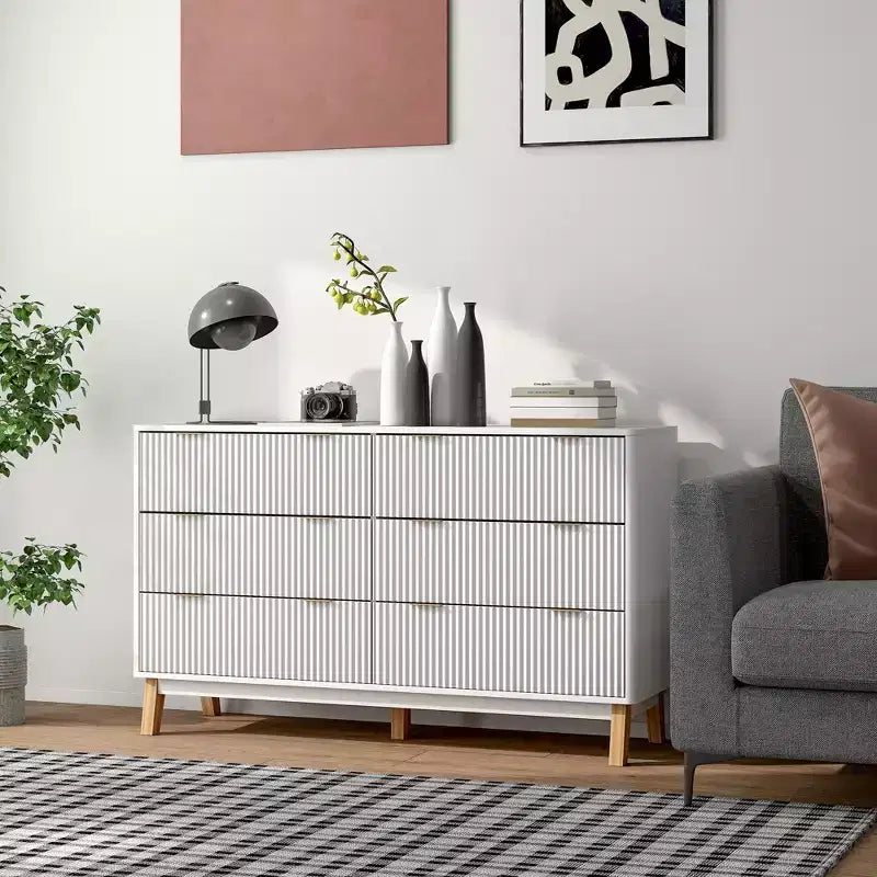 Fluted Dresser for Bedroom with 6 Drawers, 54 Wide Chest of Drawers with Gold Finger Pulls and 5 Wood Legs