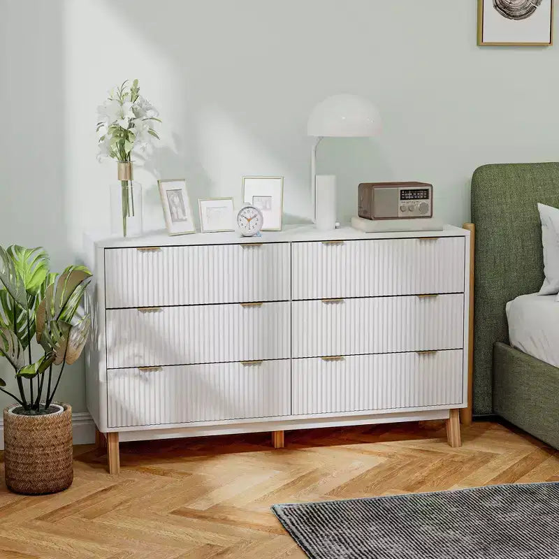 Fluted Dresser for Bedroom with 6 Drawers, 54 Wide Chest of Drawers with Gold Finger Pulls and 5 Wood Legs