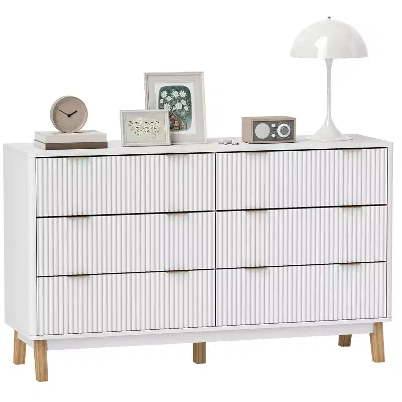 Fluted Dresser for Bedroom with 6 Drawers, 54 Wide Chest of Drawers with Gold Finger Pulls and 5 Wood Legs