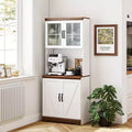 70 Farmhouse Pantry Cabinet, Kitchen Hutch Storage Cabinet with Glass Doors, Adjustable Shelves, Open Microwave Countertop