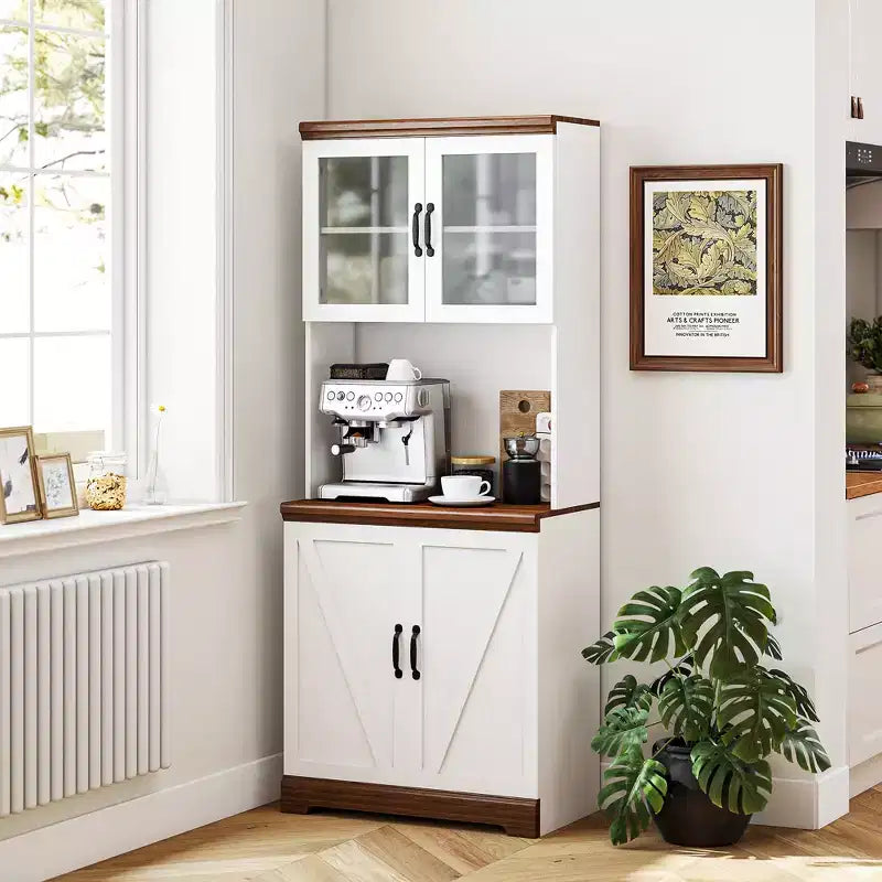 70 Farmhouse Pantry Cabinet, Kitchen Hutch Storage Cabinet with Glass Doors, Adjustable Shelves, Open Microwave Countertop