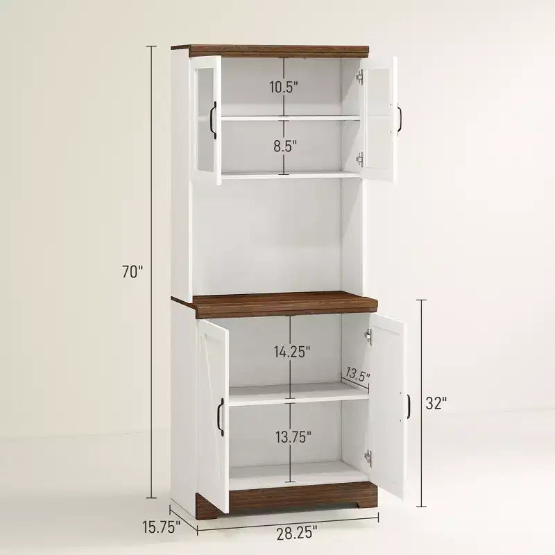 70 Farmhouse Pantry Cabinet, Kitchen Hutch Storage Cabinet with Glass Doors, Adjustable Shelves, Open Microwave Countertop