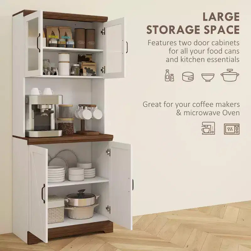 70 Farmhouse Pantry Cabinet, Kitchen Hutch Storage Cabinet with Glass Doors, Adjustable Shelves, Open Microwave Countertop
