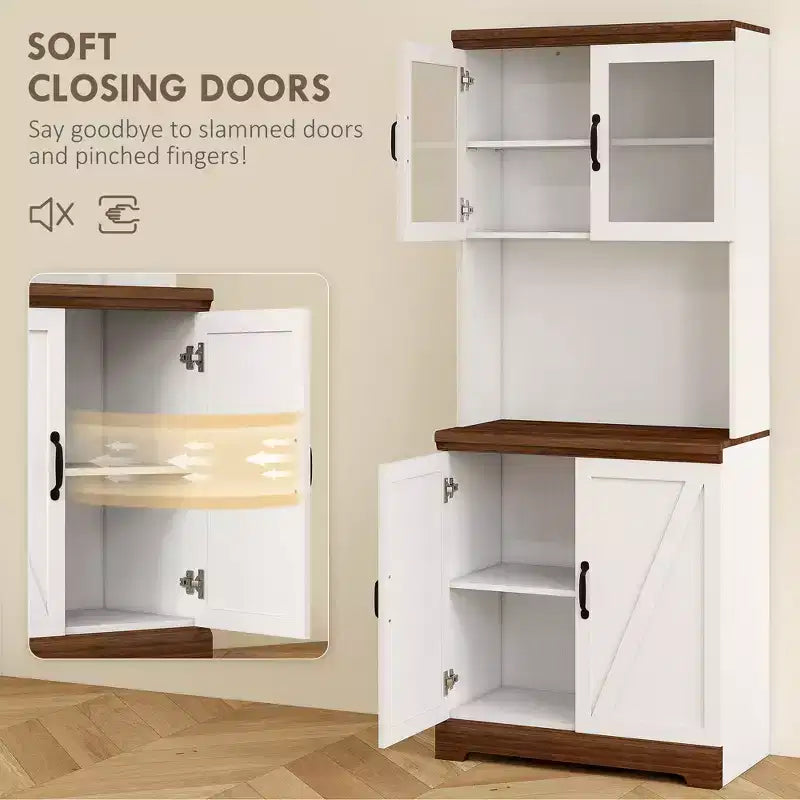 70 Farmhouse Pantry Cabinet, Kitchen Hutch Storage Cabinet with Glass Doors, Adjustable Shelves, Open Microwave Countertop