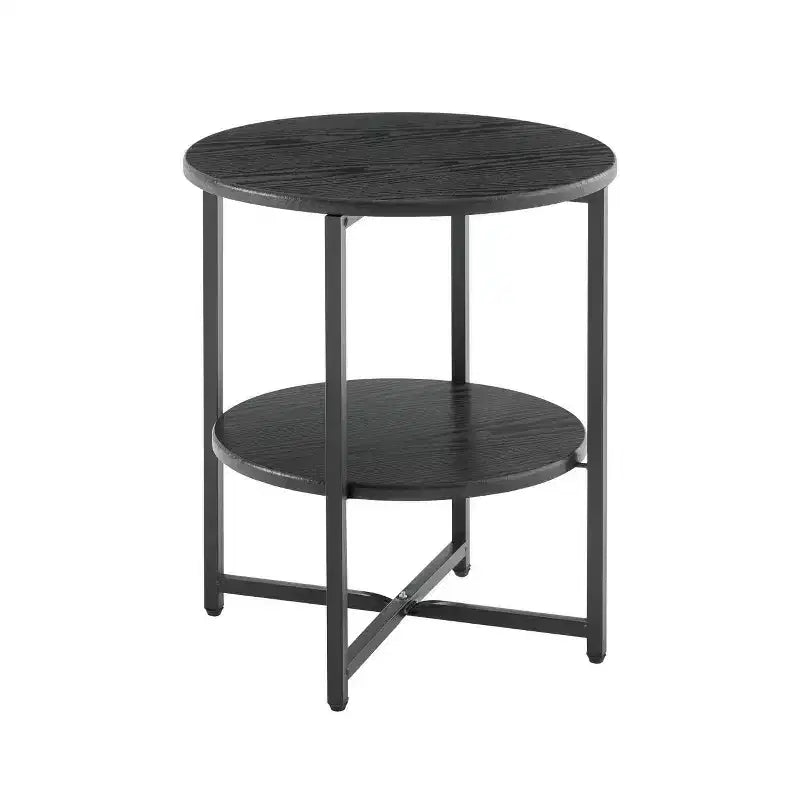 Round 2-Tier End Table with Metal Frame and Wood Shelves, Black Oak