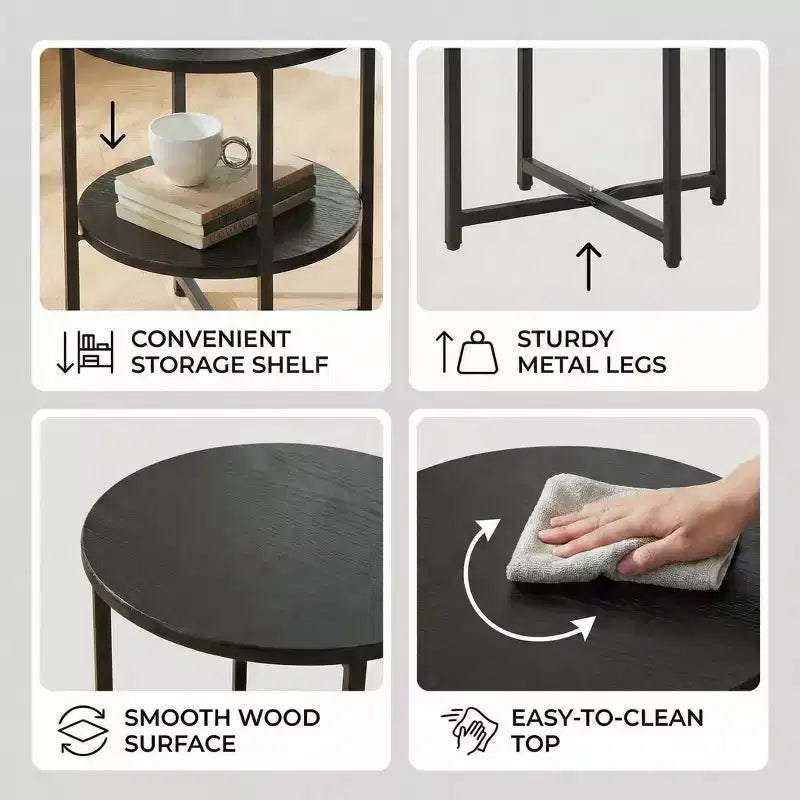 Round 2-Tier End Table with Metal Frame and Wood Shelves, Black Oak