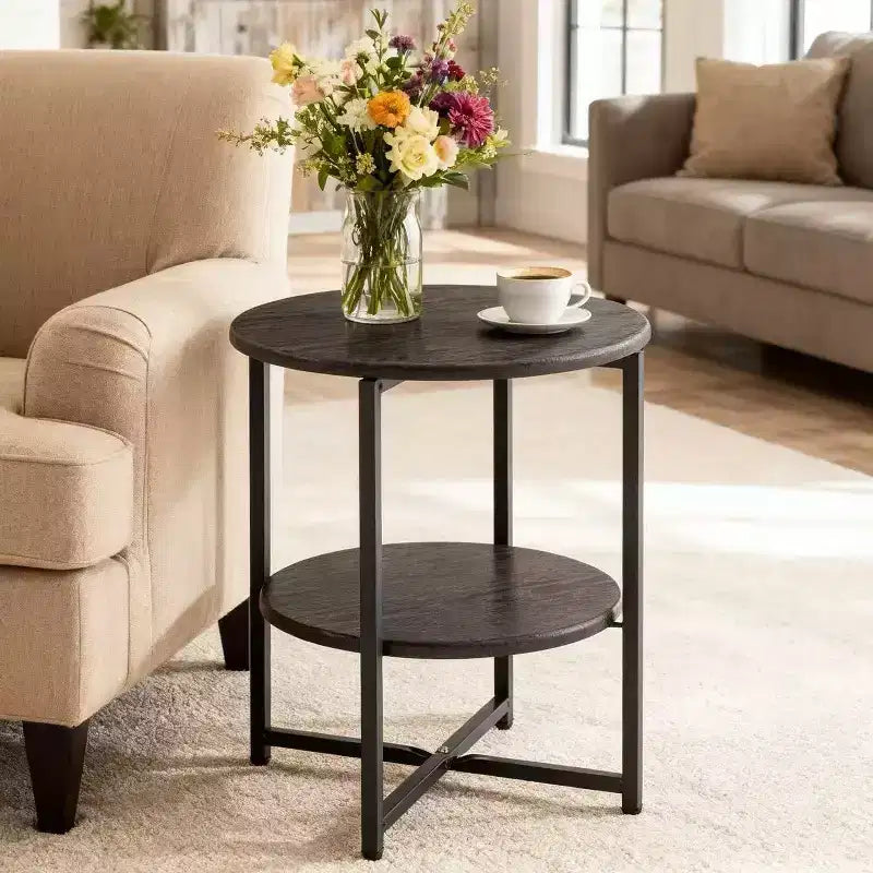 Round 2-Tier End Table with Metal Frame and Wood Shelves, Black Oak