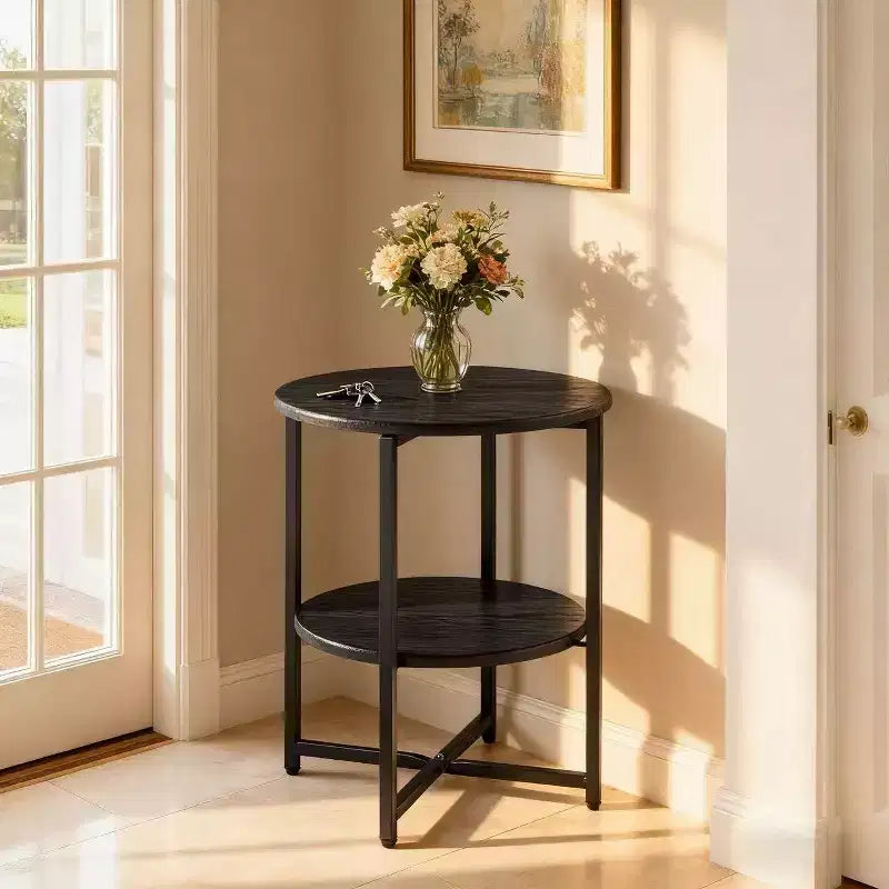 Round 2-Tier End Table with Metal Frame and Wood Shelves, Black Oak