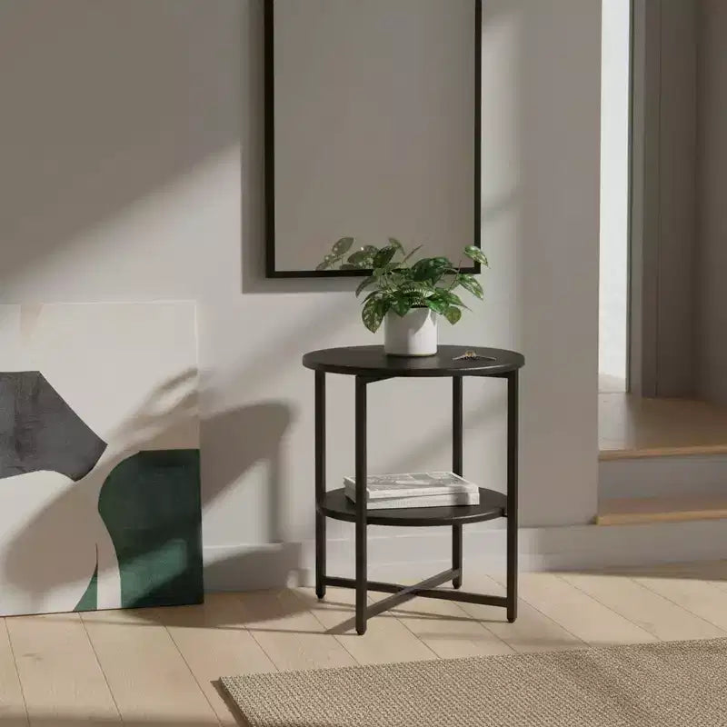 Round 2-Tier End Table with Metal Frame and Wood Shelves, Black Oak